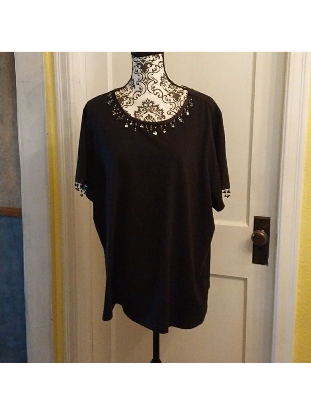 Women Basic Edition Black Embellished Brown Top Size 3XL